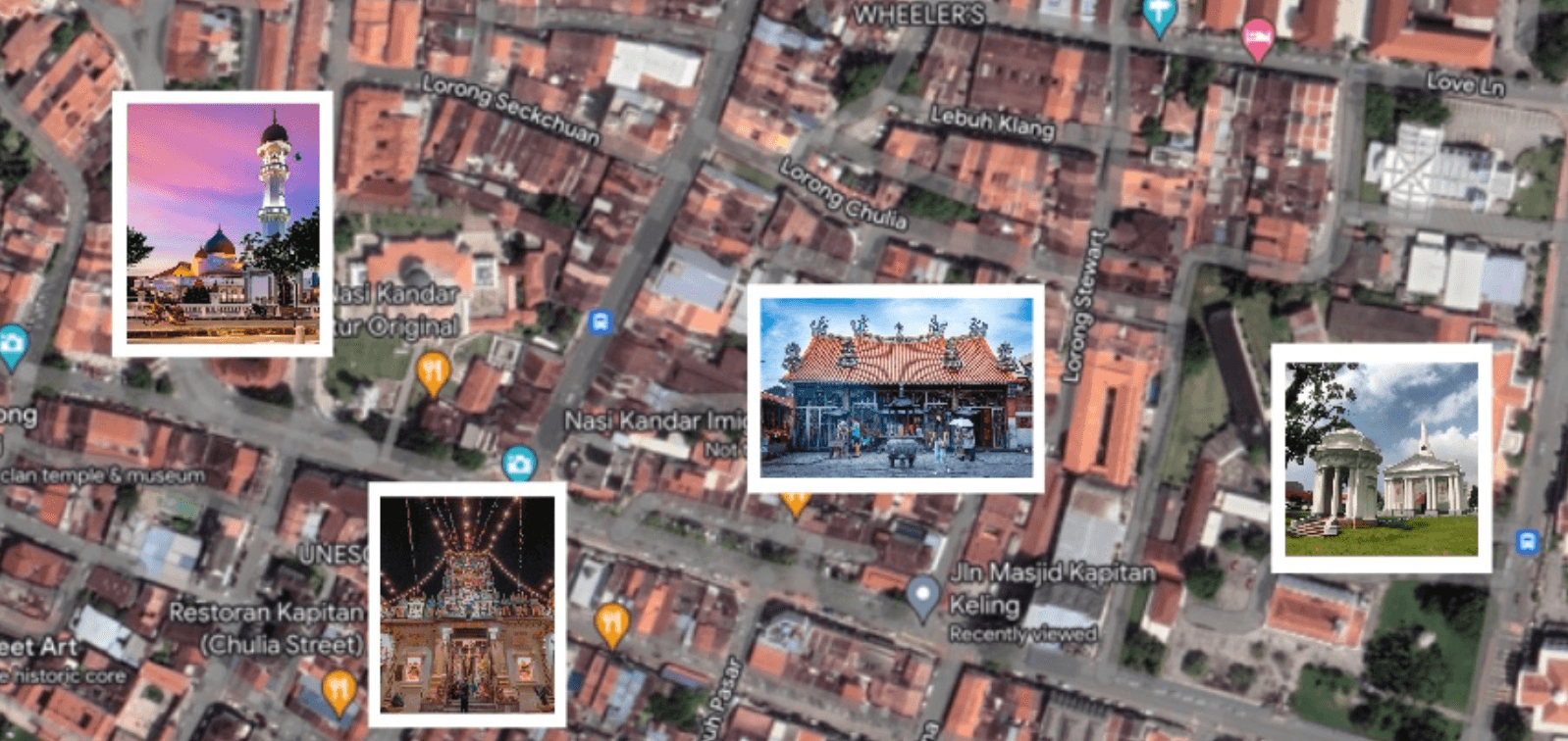 Overview map of George Town, Penang with key attractions pinned including a mosque at sunset, a Chinese temple, and a colonial memorial