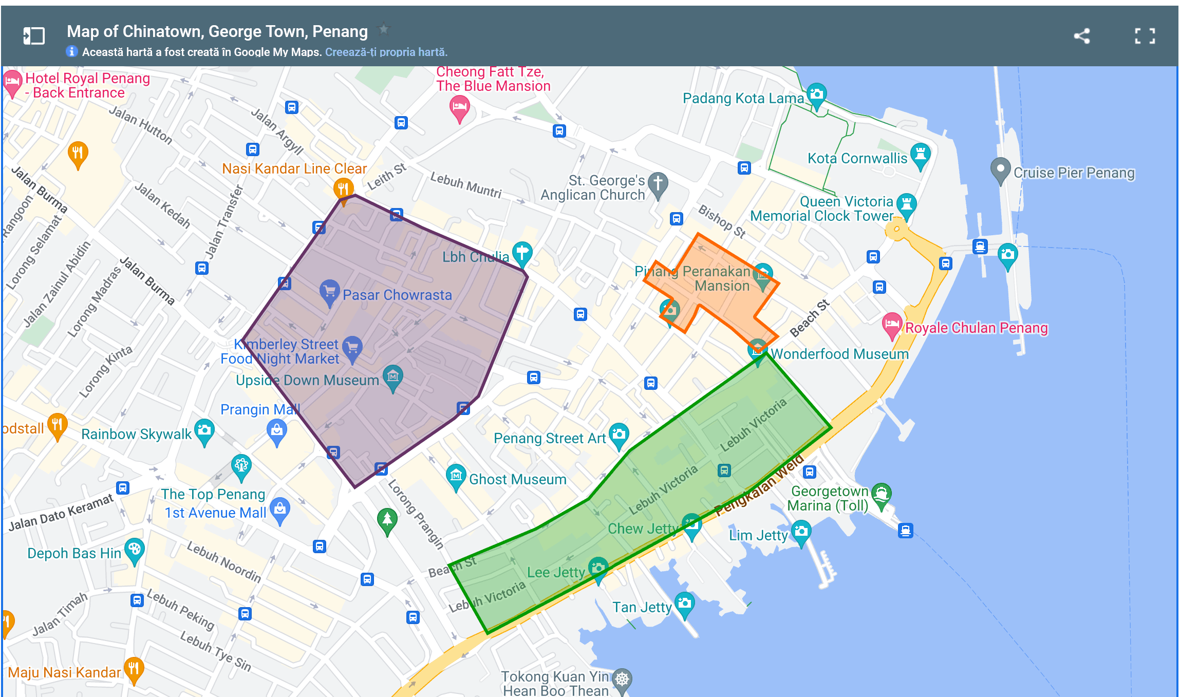 Map of Chinatown in George Town, Penang showing colour-coded zones: the heritage core, the Blue Mansion area, and the Clan Jetties waterfront